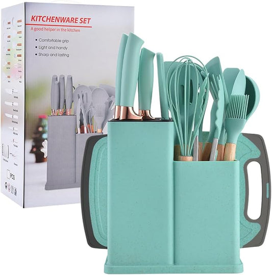 19 Pieces Kitchen Utensils and Knife Set with Block, Inldued 9 Pieces Silicone Cooking Utensils Set 5 Pieces Sharp Stainless Steel Chef Knives Scissors Whisk Tongs and Cutting Board (TEAL) by Unknown