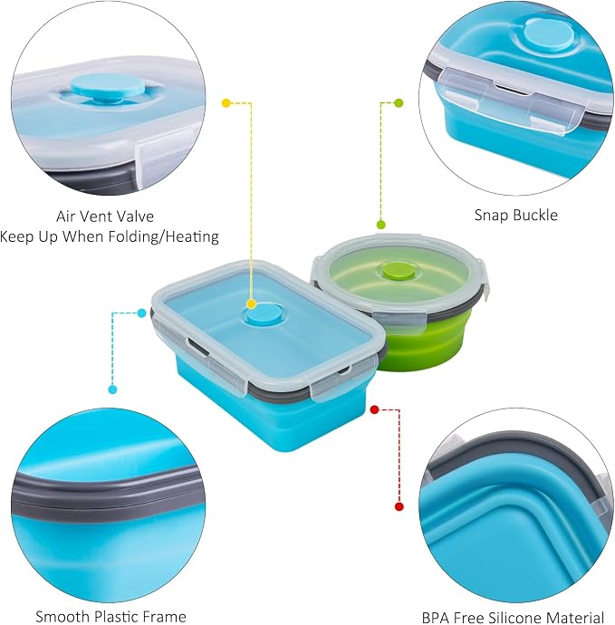 Collapsible Food Storage Containers with Lid & Air Vent, 16 Pack, 8 Rectangular + 8 Round, Annaklin Foldable Silicone Lunch Containers Collapsible Bowls Set, Microwave Freezer Dishwasher Safe, 4-Color - Image 7