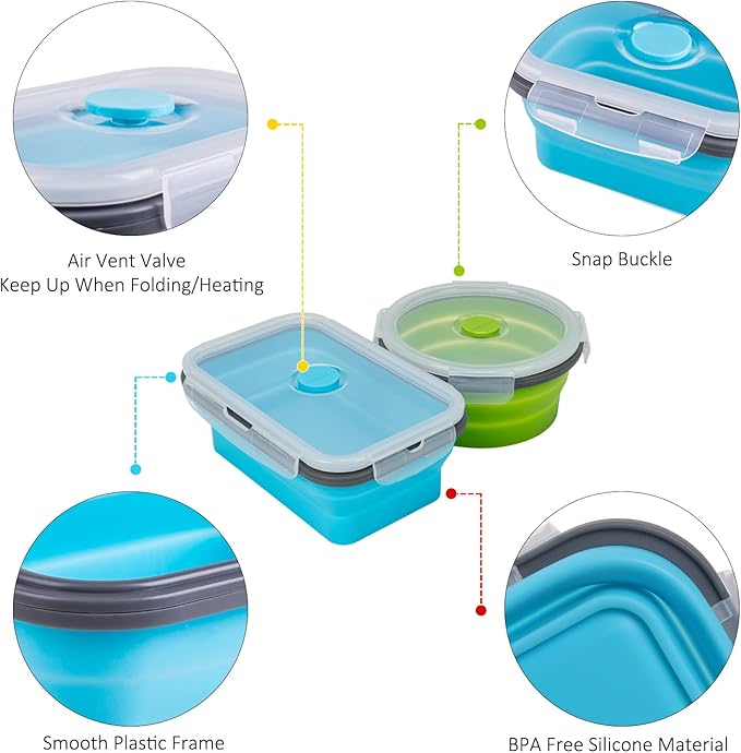 Collapsible Food Storage Containers with Lid & Air Vent, 8 Pack, 4 Rectangular + 4 Round, Annaklin Foldable Silicone Lunch Containers Collapsible Bowls Set, Microwave Freezer Dishwasher Safe, 4 Colors - Image 6