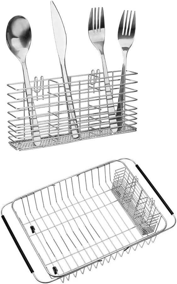 SANNO Stainless Steel Cutlery Utensil Holder Silverware Organizer Rack Dish Drying Rack with Stainless Steel Utensil Holder Large Dish Rack Drainer by SANNO