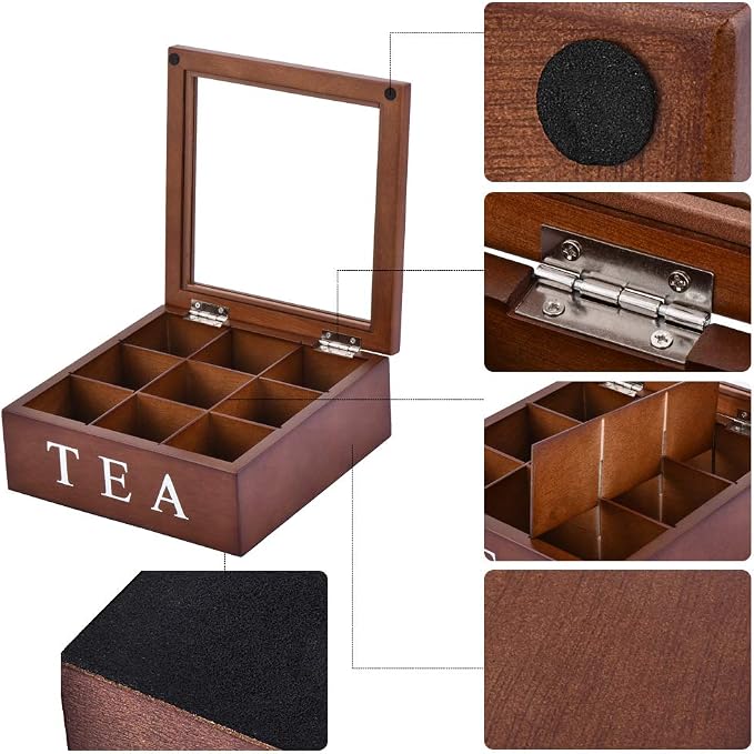 Wood Tea Storage Box, Teabag Storing 9 Compartments Wooden Tea Box Hinged Glass Lid Tea Organizer-Brown - Image 4