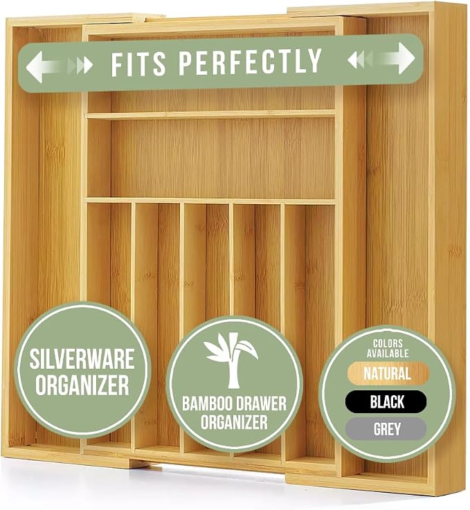Purawood Bamboo Drawer Organizer - Expandable Silverware Organizer & Utensil Drawer Organizer, Cutlery Tray with Dividers, 7-9 Slots- Kitchen Organizer for Utensils & Flatware (Natural) - Image 2