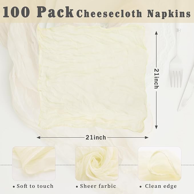 Beige 100 Pack Cheesecloth Napkins Washable 21x21 Inches Beige Cloth Napkins Set of 100 Dinner Table Napkins for Wedding Summer Bridal Baby Shower Rustic Boho Cotton Gauze Party Table Decor - Image 3