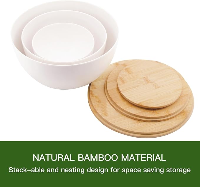 ECOWAY Salad Bowl Set of 3 with Bamboo Wooden Lids, Mixing Bowls Set, Nesting Bowls for Space Saving Storage, Made with Durable Eco-Friendly Bamboo Fiber, Great for Prepping and Serving Food, White - Image 5
