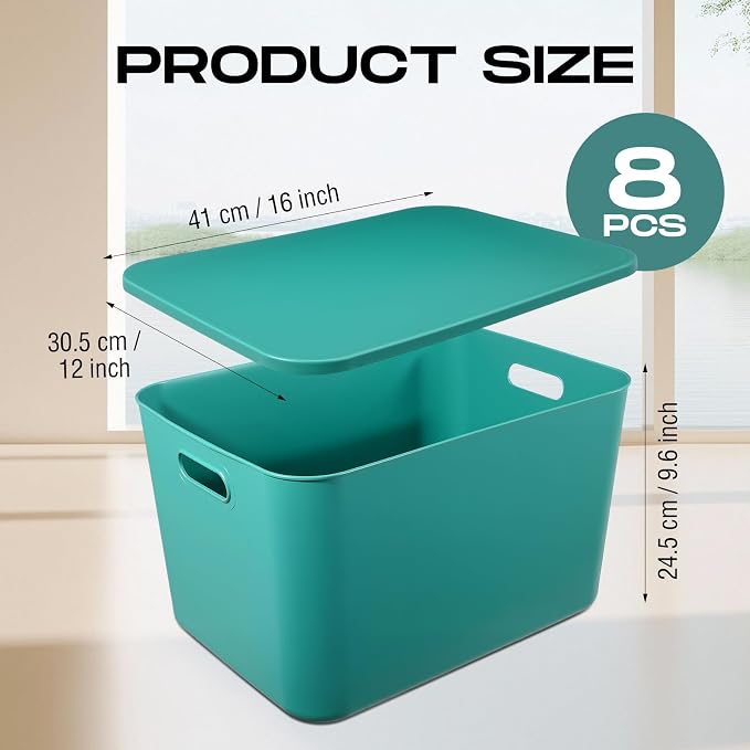 8 Pieces Colorful Storage Bins with Lid, Plastic Storage Basket Organizing Container Stackable Box with Handle for Shelves Desktop Playroom Office(16.1 x 12.0 x 9.7 Inch,Green) - Image 2