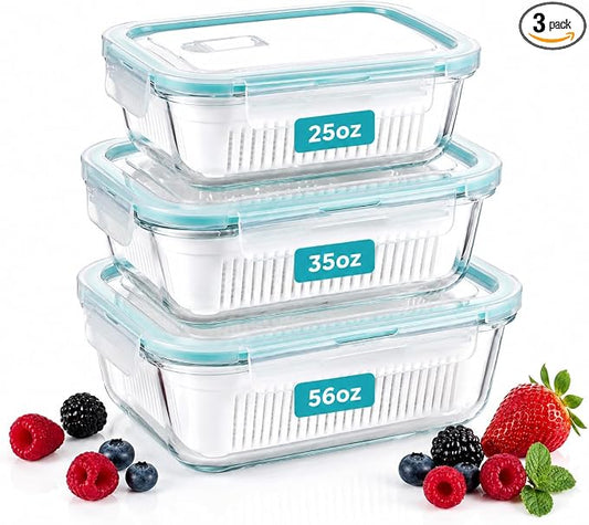 Glass Berry Container for Fridge, 3 Pack, 56oz 35oz 25oz, with Removable Colander and Vent Valve, Fresh Produce Storage Set by Unknown