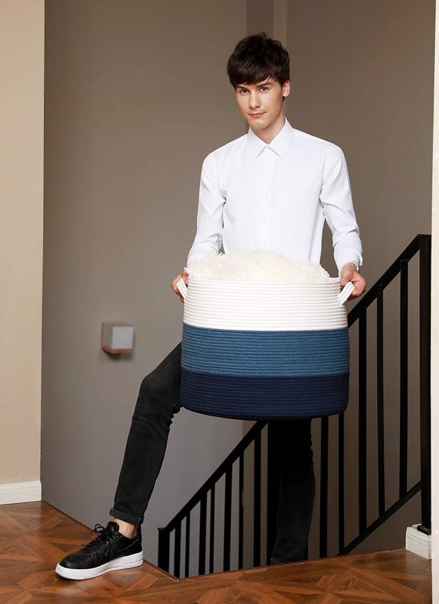 20x15 Inch Extra Large Round Cotton Rope Storage Basket with Lid, Decorative Woven Bin with Cover for Living Room Bedroom Closet, Blue & Deep Blue - Image 8