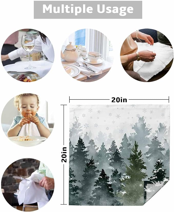 Christmas Cloth Napkins Set of 6, Watercolor Green Xmas Tree Winter Snowflake Dinner Napkins Cloth Washable, Cocktail Napkins Reusable for Wedding, Party, Birthday (20"x20") - Image 7