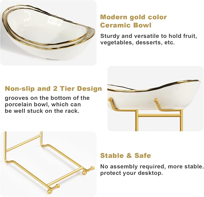 2 Tier Ceramic Fruit Bowl, Fruit Basket for Kitchen Counter, Tiered Fruit Rack for Countertop, Modern Multi Large Capacity Serving Holder for Party Dessert, Vegetable, Snack(Gold&White) - Image 4