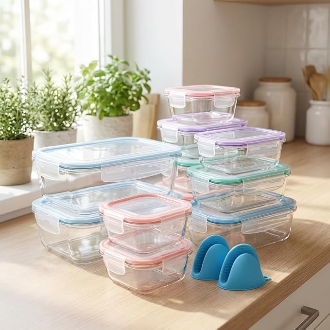 20 Pc Glass Food Storage Containers with Snap Lock Lids, Airtight & Leakproof, Bonus 2 Oven Silicone Gloves, Safe for Dishwasher, Oven, Microwave,Freezer, BPA Free - Image 8