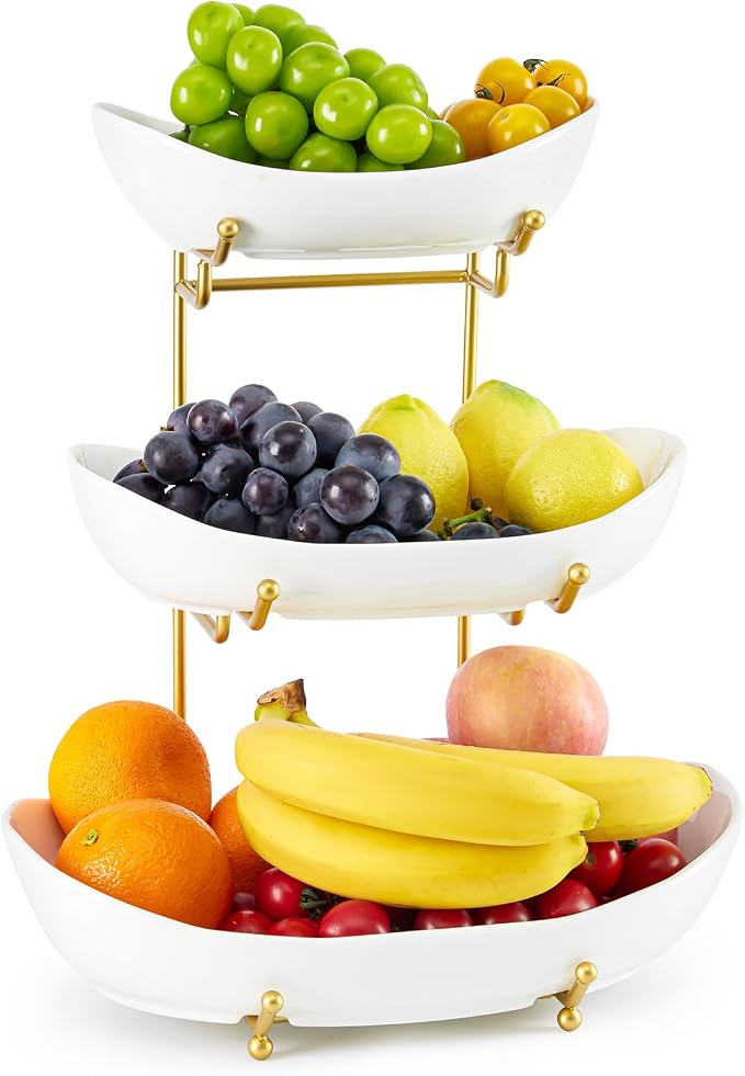Ceramic Fruit Bowl for Kitchen Counter - 3 Tier Fruit Basket with Metal Stand, Tiered Fruit Stand for Countertop, Snack, Nuts, Cake, Dessert, Cute (Gold, Large) U3 by MakeYourHomeCozier%EF%BC%81