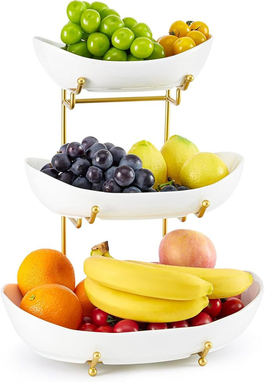 Ceramic Fruit Bowl for Kitchen Counter - 3 Tier Fruit Basket with Metal Stand, Tiered Fruit Stand for Countertop, Snack, Nuts, Cake, Dessert, Cute (Gold, Large) U3 by MakeYourHomeCozier%EF%BC%81