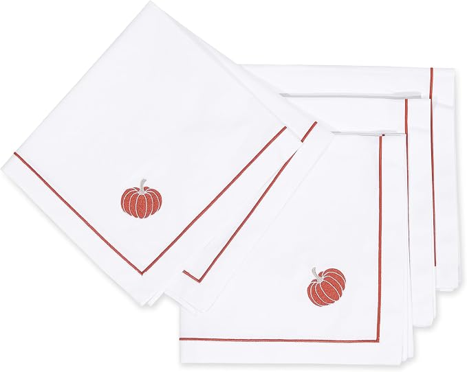 Hofdeco Premium Fall Coastal Cotton Cloth Napkins Set of 4, 20"x20" Washable Dinner for Events, Parties, Rust Orange Embroidered Pumpkin by HofdecoPremium
