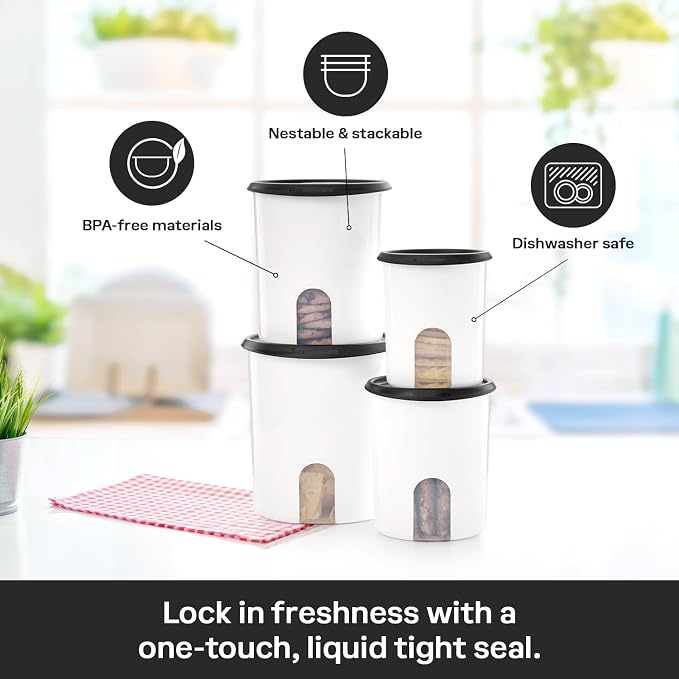 Tupperware One Touch Reminder Canisters 4 Canister Food Storage Set in White & Black, Dishwasher Safe and BPA Free, (4 Containers, 4 Lids) - Image 4