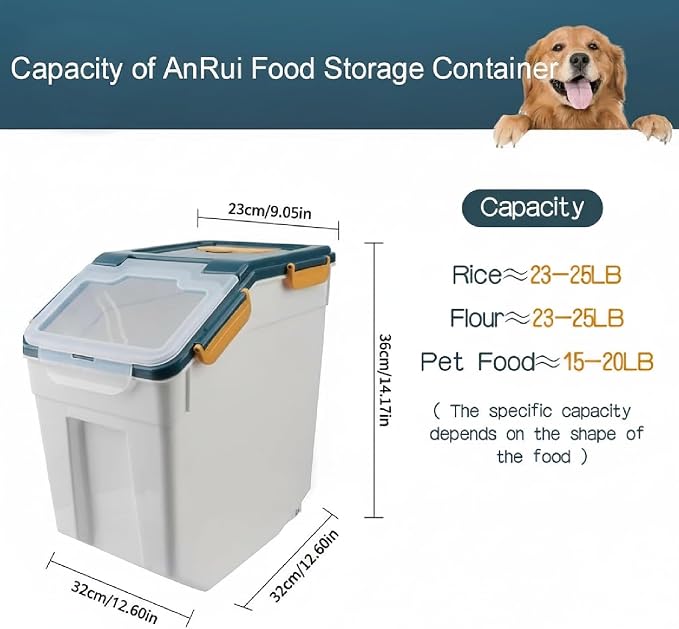 AnRui Flour Storage Container 25lb, Grain Storage Bucket, Airtight Rice Cereal Dispenser Organizer Box with Lid, Wheat Berry Storage Bin with Measuring Cup, Scoop, Wheels, 2Pcs Blue - Image 2