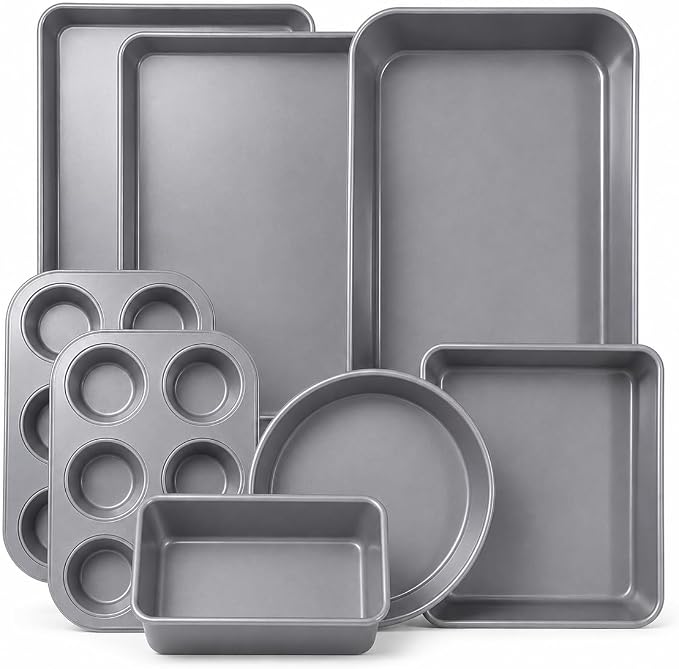Nonstick Bakeware Set 8 Piece - Stackable Baking Pan Set, Oven safe 450°F, Carbon Steel Baking Set with Muffin, Loaf, Cookie Sheets & Roaster, Easy Storage, BPA-Free (Gray) by Unknown