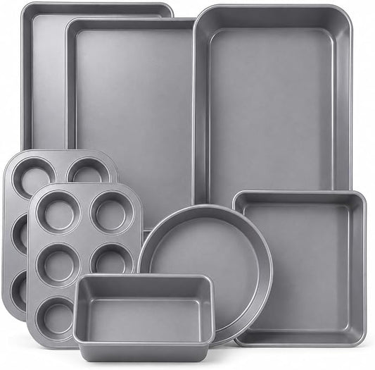 Nonstick Bakeware Set 8 Piece - Stackable Baking Pan Set, Oven safe 450°F, Carbon Steel Baking Set with Muffin, Loaf, Cookie Sheets & Roaster, Easy Storage, BPA-Free (Gray) by Unknown