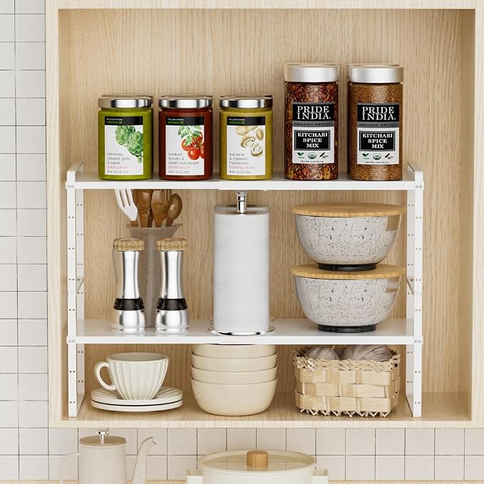 Slideep Expandable Counter Organizer Shelf, Stackable Cabinet Shelves Organizer Storage Rack Cupboard Stand Spice Rack for Kitchen Bathroom Pantry White -2 Set - Image 5