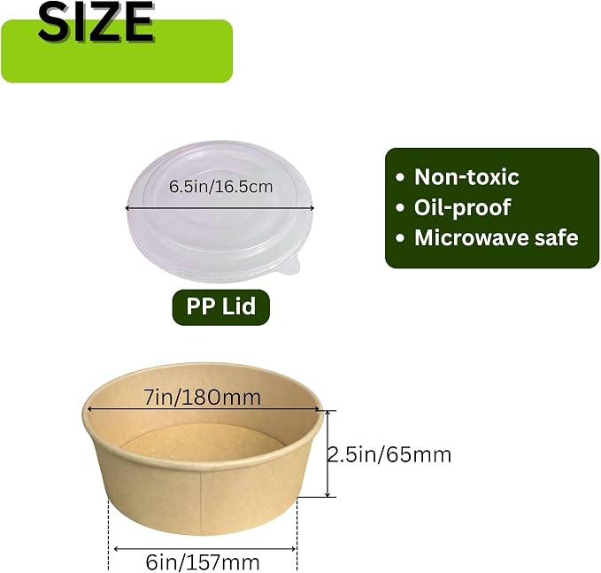 Disposable Round Paper Bowls with Lid 47oz Compostable, 50 Sets Microwave Deli Containers Leakproof, Extra Large Meal Prep Food Container Box, Sturdy Salad Dressing Bowl for Soup Toppings Picnic - Image 7