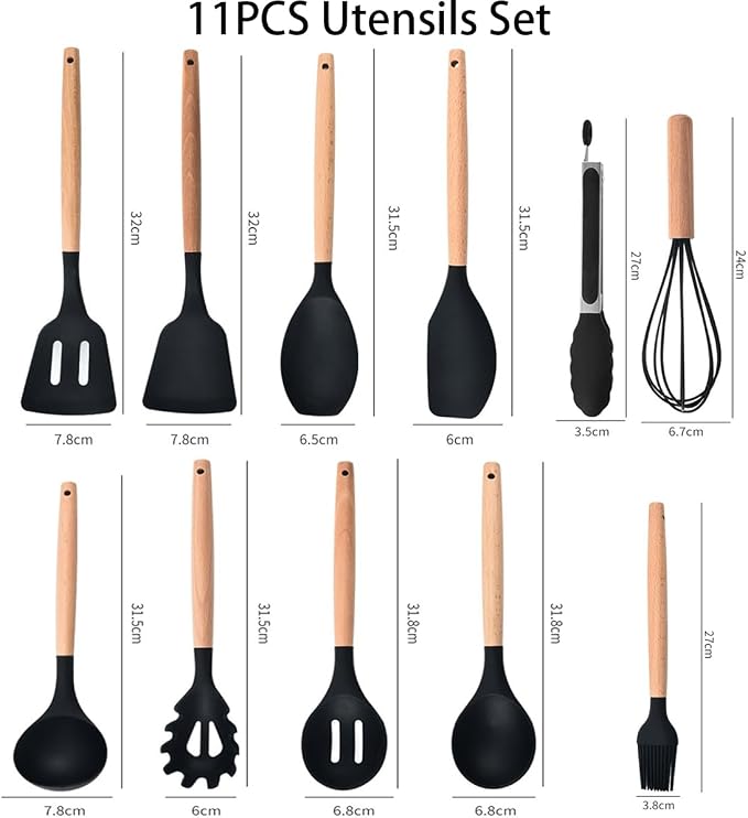 19 Pieces Kitchen Utensils and Knife Set with Block, Inldued 9 Pieces Silicone Cooking Utensils Set 5 Pieces Sharp Stainless Steel Chef Knives Scissors Whisk Tongs and Cutting Board (Black) - Image 7