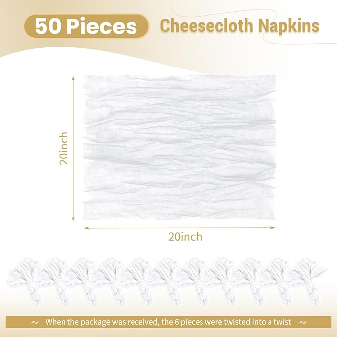 50 Pack White Cloth Napkins 20x20Inch Cheesecloth Napkins | Elegant Cloth Napkins for Table, Washable Rustic Boho Gauze Napkins, for Wedding Party Bridal Baby Shower Dinner Decor - Image 2