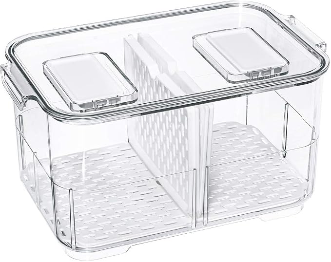SANNO Fridge Food Storage Containers Produce Saver FreshWorks Produce Food Storage Container Bin Stackable Refrigerator Kitchen Organizer Keeper, with Removable Drain Tray to Keep Fresh by SANNO