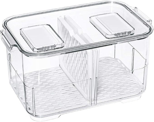 SANNO Fridge Food Storage Containers Produce Saver FreshWorks Produce Food Storage Container Bin Stackable Refrigerator Kitchen Organizer Keeper, with Removable Drain Tray to Keep Fresh by SANNO