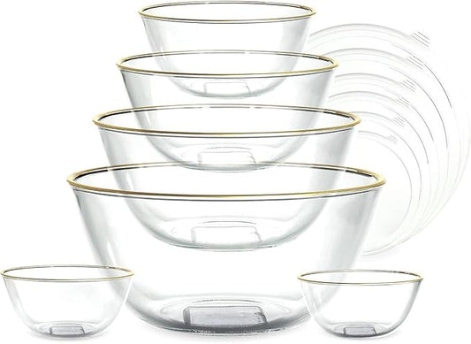 COOK WITH COLOR 12 Pc Glass Mixing Bowl Set with Lids – Borosilicate Glass Nesting Bowls for Cooking, Baking and Meal Prep, Gold Rim by CookwithColor