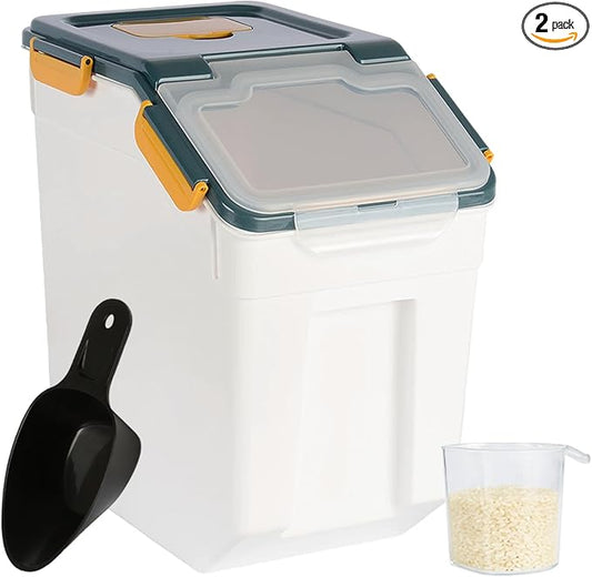 Rice Container 25 lbs Large Bulk Flour Sugar Storage Holdhouse Plastic Grain Cereal Dry Goods Bin with Spoon and Measuring Cup for Kitchen Pantry Organization - Blue by MXCELL