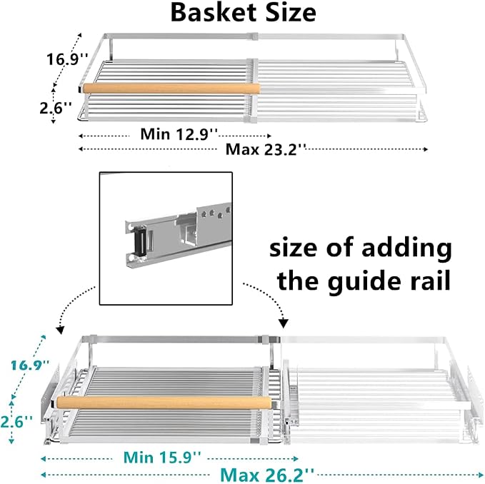 Pull Out Cabinet Shelf, Slide Out Cabinet Organizer Heavy Duty Under Sink, Anti Rust Kitchen Organizer Basket, Smooth Roll Expandable Sliding Drawer, 2 Pack Chrome 15.9''-26.2'' - Image 4
