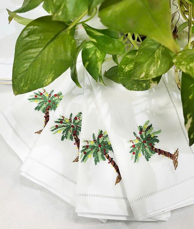 Embroidered Cloth Napkin Palm Tree Cotton Napkins Set of 6, 20x20 Hemstitch Table Napkins Machine Washable, Daily & Christmas, Great Present Ideas - Image 4