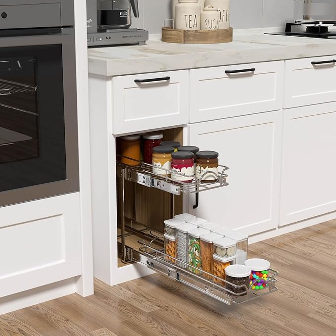 OCG 2 Tier Pull Out Cabinet Organizer (7.5" W x 21.5" D), Pull Out Drawers for Kitchen Cabinets, Pull Out Shelves for Base Cabinet Organization in Kitchen Bathroom Pantry, Chrome Finish - Image 7