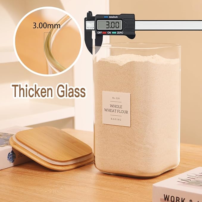 2 Pack large Square Glass Flour and Sugar Containers with 132 Kitchen Pantry Labels - Thicken 149 floz Glass Storage Jars with Airtight Bamboo Lid - Big Rice Canisters for Coffee, Pasta, Cereal - Image 4
