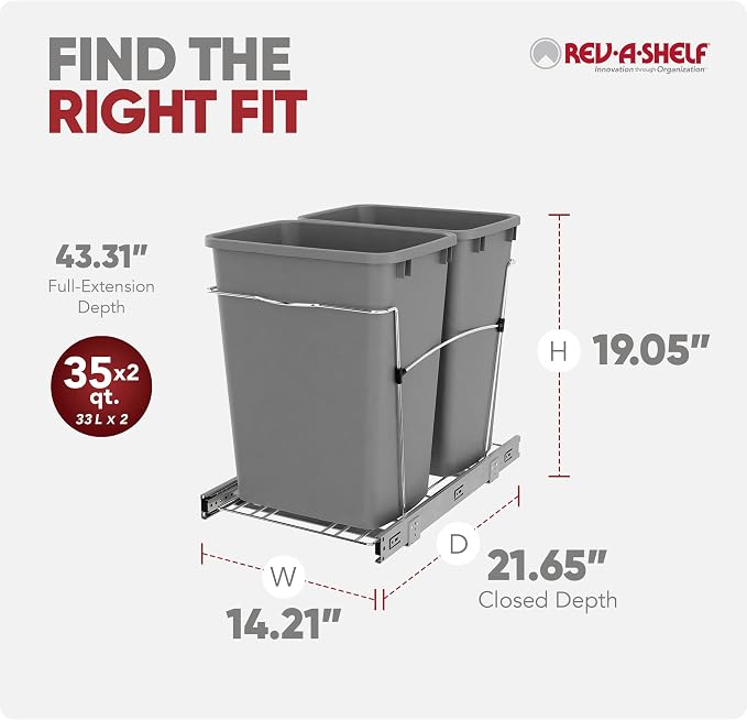Rev-A-Shelf Double Pullout Garbage Trash Cans for Kitchen Cabinets, 35 Qt | Large Capacity Waste/ Recycling Bins, Heavy Gauge Wire Construction, with Full Extension Slides, Silver, RV-18KD-17C S - Image 3