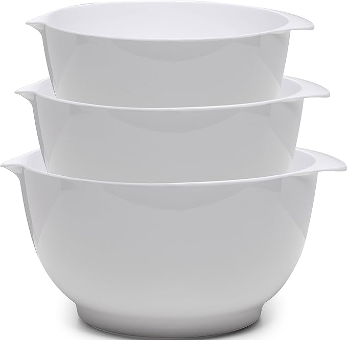 Nesting Mixing Bowls Set, 3 Piece Melamine Bowls Set, 2.5 quart, 3.5 quart, 4.5 quart, Non Slip Base with Easy Pour Spout, Kitchen Cooking and Baking Supplies, White by ZAROCRUS