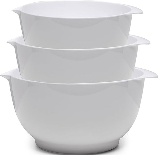 Nesting Mixing Bowls Set, 3 Piece Melamine Bowls Set, 2.5 quart, 3.5 quart, 4.5 quart, Non Slip Base with Easy Pour Spout, Kitchen Cooking and Baking Supplies, White by ZAROCRUS