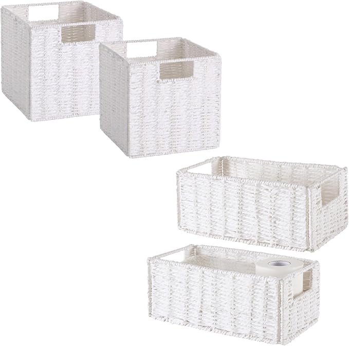 Wicker Baskets for Storage, Set of 4 Hand-Woven Wicker Storage Baskets for Shelves, Cube Storage Baskets Bins with Handles, Wicker Basket for Organizing Pantry Bedroom, White by Vagusicc