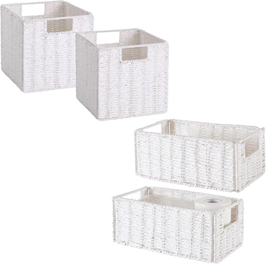 Wicker Baskets for Storage, Set of 4 Hand-Woven Wicker Storage Baskets for Shelves, Cube Storage Baskets Bins with Handles, Wicker Basket for Organizing Pantry Bedroom, White by Vagusicc