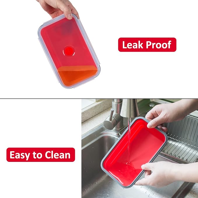 Collapsible Food Storage Containers with Airtight Lid & Air Vent, 40.5 oz, Kitchen Stacking Silicone Collapsible Meal Prep Container Set for Leftover, Microwave Freezer Dishwasher Safe, Red, Set of 4 - Image 7