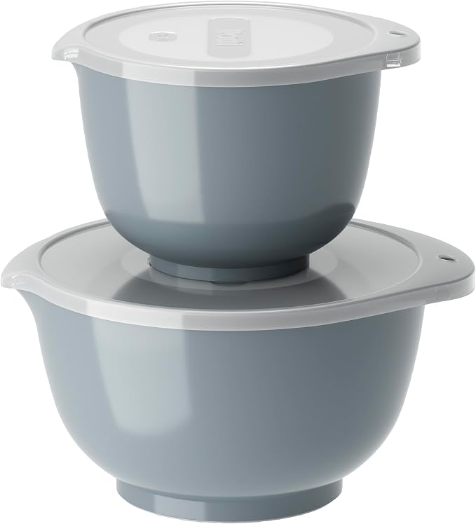 Rosti Margrethe Set of 2 Plastic Mixing Bowls - 2 Lids Included - Airtight Salad Bowls - 1.5 Litre & 3 Litre - Dusty Blue by Rosti