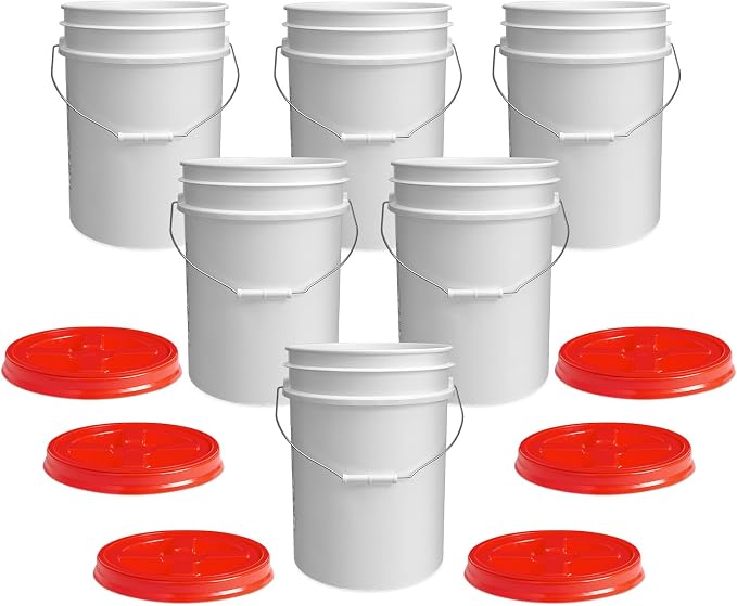 5 Gallon Bucket - Food Grade w/Lid BPA-Free, White/Red, 6 | Airtight Gamma Seal Screw-On Lid, Heavy-Duty 90 Mil HDPE Plastic, Food Safe and Durable Container, Bulk Storage, Made in USA by ePackageSupply