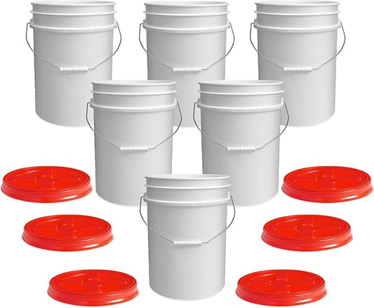 5 Gallon Bucket - Food Grade w/Lid BPA-Free, White/Red, 6 | Airtight Gamma Seal Screw-On Lid, Heavy-Duty 90 Mil HDPE Plastic, Food Safe and Durable Container, Bulk Storage, Made in USA by ePackageSupply