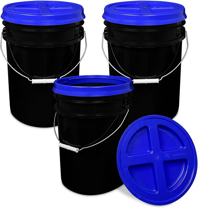 5 Gallon Bucket - Food Grade w/Lid BPA-Free, Black/Blue, 3 | Airtight Gamma Seal Screw-On Lid, Heavy-Duty 90 Mil HDPE Plastic, Food Safe and Durable Container, Bulk Storage, Made in USA by ePackageSupply