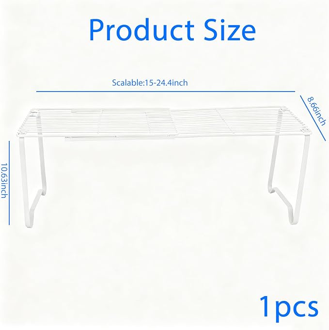 Extendable Metal Wire Shelf Organizer - Adjustable 15-24.4in Length, Stackable Storage Rack for Kitchen, Pantry, Bathroom, Shoe Cabinet & Tool Closet (1 Pack, White) - Image 3