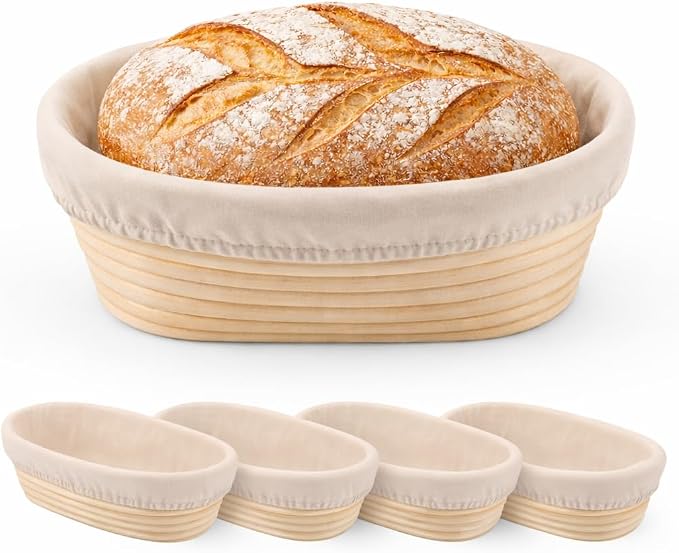 4 Pack 10 Inch Oval Banneton Bread Proofing Basket, Rattan Sourdough Bread Baskets with Liners for Home Baking by ReimagineTomorrow