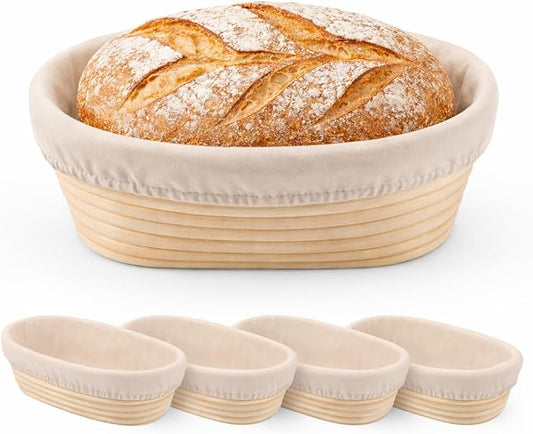 4 Pack 10 Inch Oval Banneton Bread Proofing Basket, Rattan Sourdough Bread Baskets with Liners for Home Baking by ReimagineTomorrow