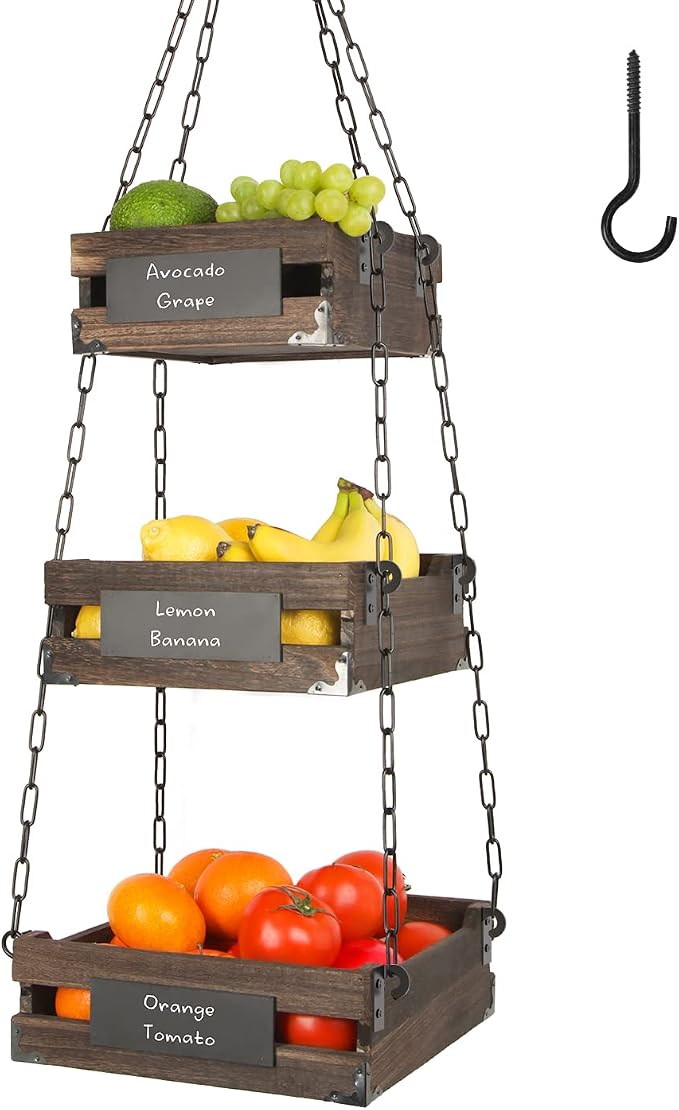 J JACKCUBE DESIGN 3-Tier Rustic Wood Hanging Fruit Basket, Kitchen Fruit, Vegetable Storage Organizer, Countertop Space Saver- Heavy Duty Metal Hooks- MK1008A by JACKCUBEDESIGN