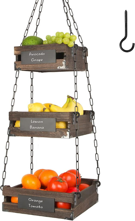 J JACKCUBE DESIGN 3-Tier Rustic Wood Hanging Fruit Basket, Kitchen Fruit, Vegetable Storage Organizer, Countertop Space Saver- Heavy Duty Metal Hooks- MK1008A by JACKCUBEDESIGN