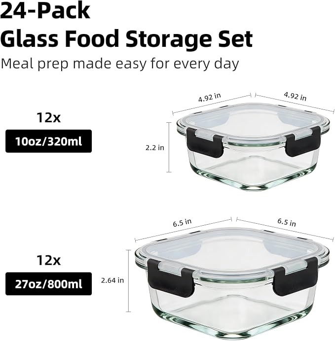 Konokyo Square Glass Food Storage Containers with Lids, 24 Pack Airtight Leakproof Meal Prep Containers, BPA-Free, Microwave Oven Freezer & Dishwasher Safe, Assorted Sizes - Image 3