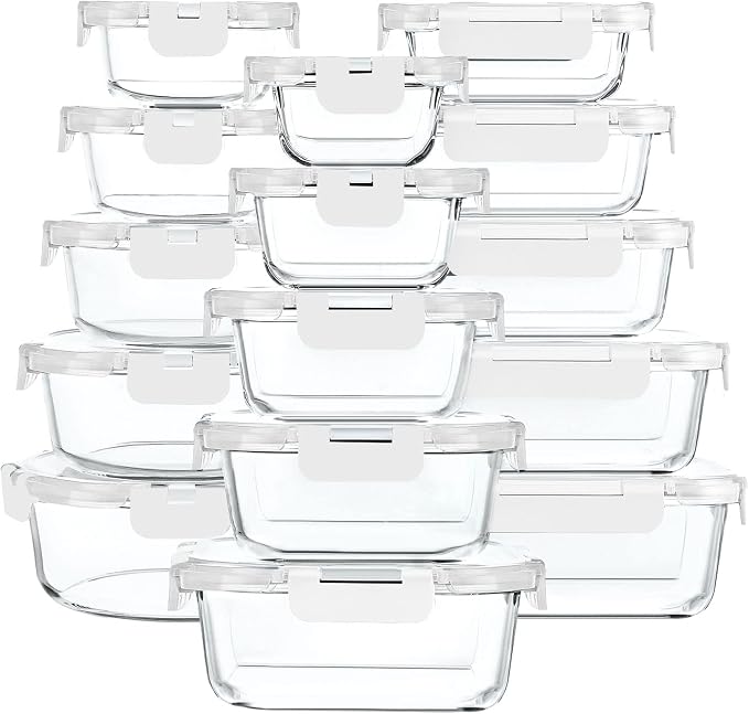 30 Pieces Glass Food Storage Containers with Upgraded Snap Locking Lids,Glass Meal Prep Containers Set - Airtight Lunch Containers, Microwave, Oven, Freezer and Dishwasher Friendly (White) by MMCIRCO